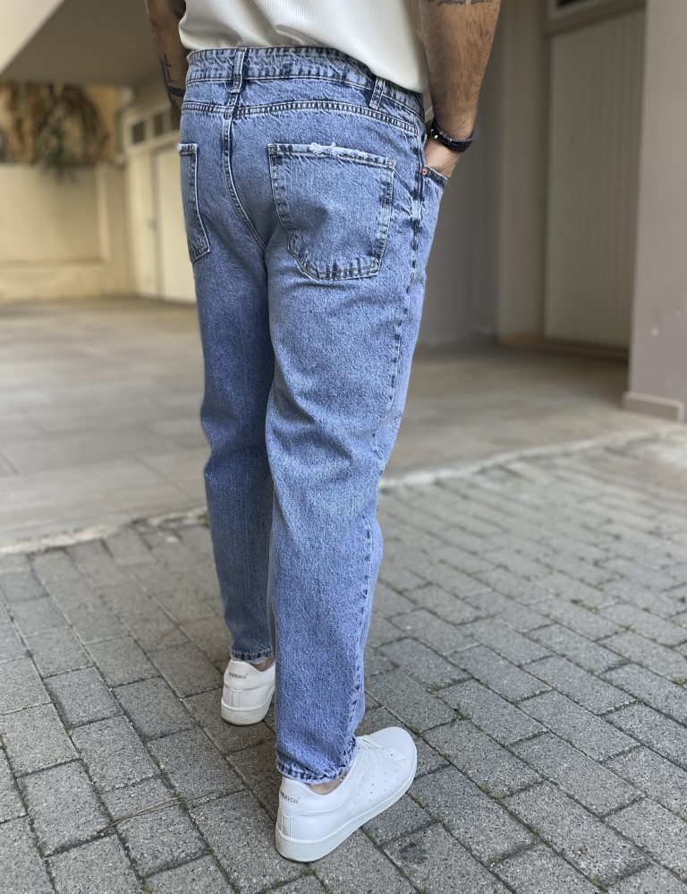 Ανδρικό μπλε loose τζιν ξεβαμμένο πεντάτσεπο με φθορές και κουμπιά 2477 φωτογραφία